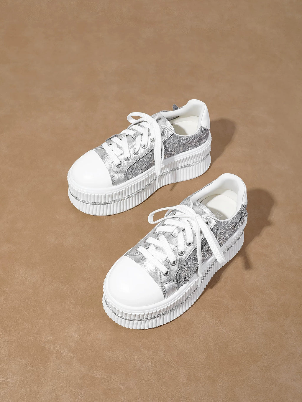 Chunky Sole Crystal White Sneakers for Women
