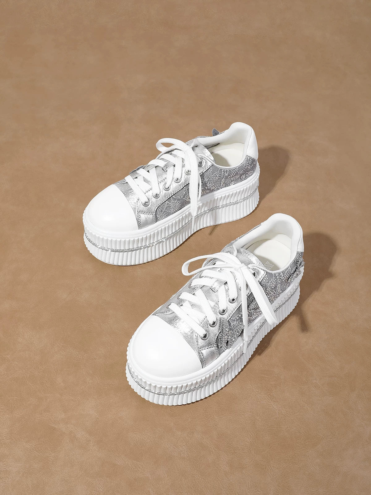 Chunky Sole Crystal White Sneakers for Women