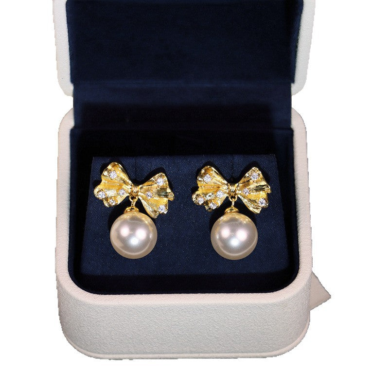Pearl bow drop earrings by Yoshan, detail view 6