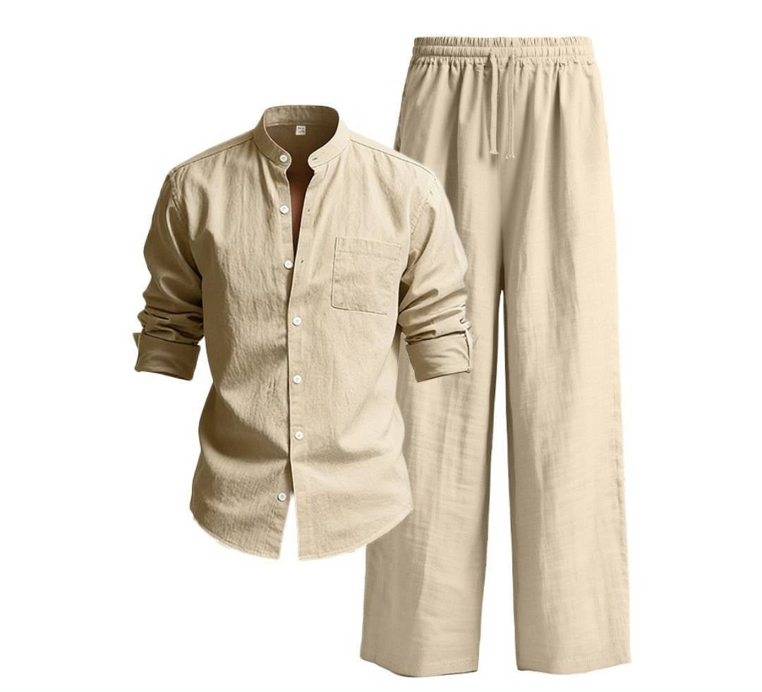 Men's Office Linen Mandarin Collar Breathable Oversized Workwear Casual Two-Piece Set
