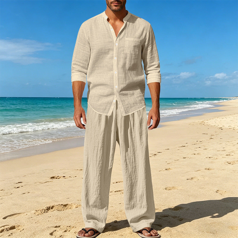 Men's Office Linen Mandarin Collar Breathable Oversized Workwear Casual Two-Piece Set