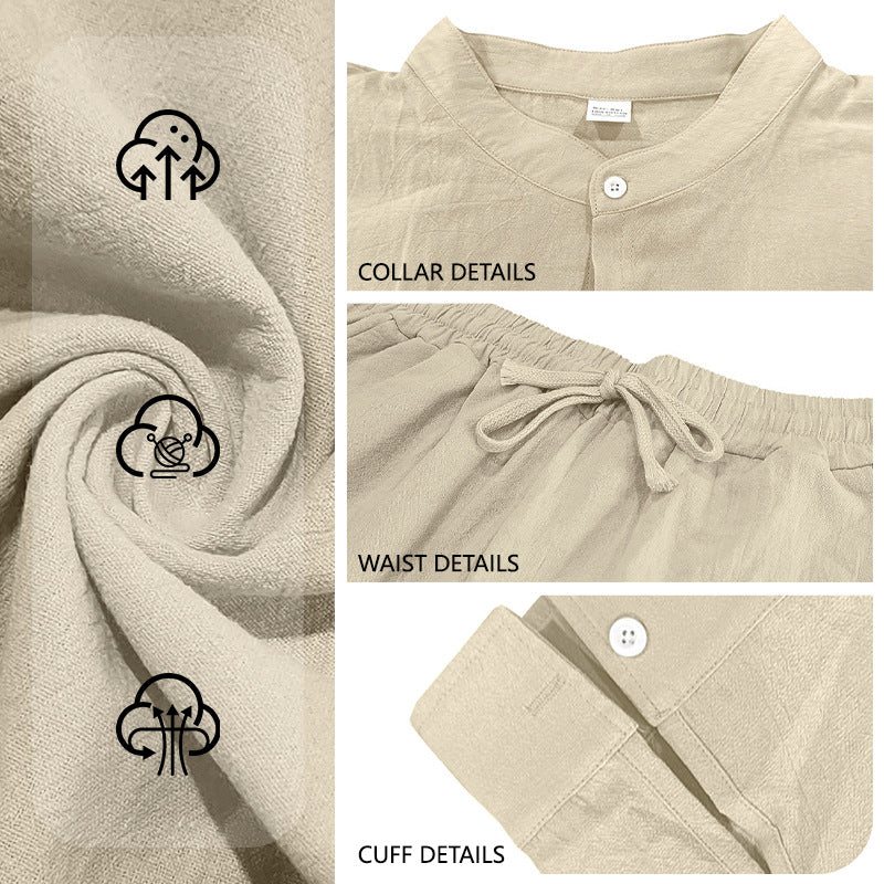 Men's Office Linen Mandarin Collar Breathable Oversized Workwear Casual Two-Piece Set