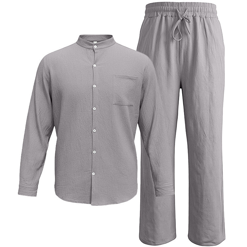 Men's Office Linen Mandarin Collar Breathable Oversized Workwear Casual Two-Piece Set