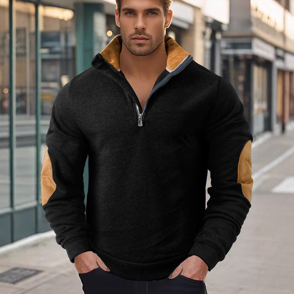Men's Half-Zip Mandarin Collar Plus Size Long Sleeve Color-Block Casual Hoodie Sweatshirt
