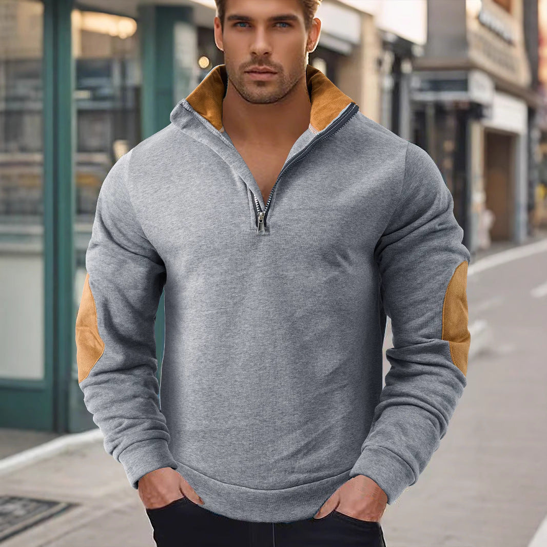 Men's Half-Zip Mandarin Collar Plus Size Long Sleeve Color-Block Casual Hoodie Sweatshirt