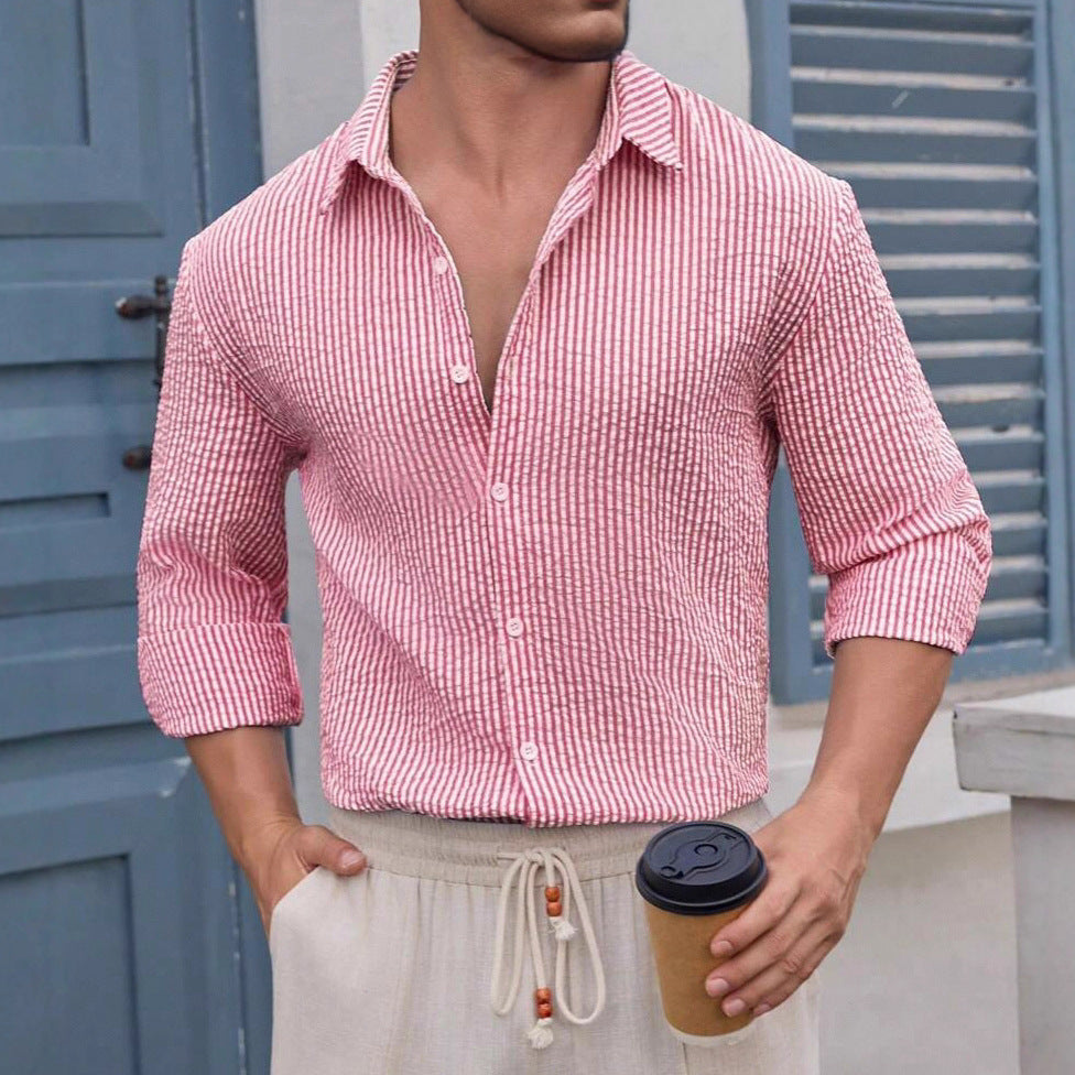 Men's Spring Summer Lapel Striped Office Breathable Oversized Long Sleeve Workwear Casual Shirt