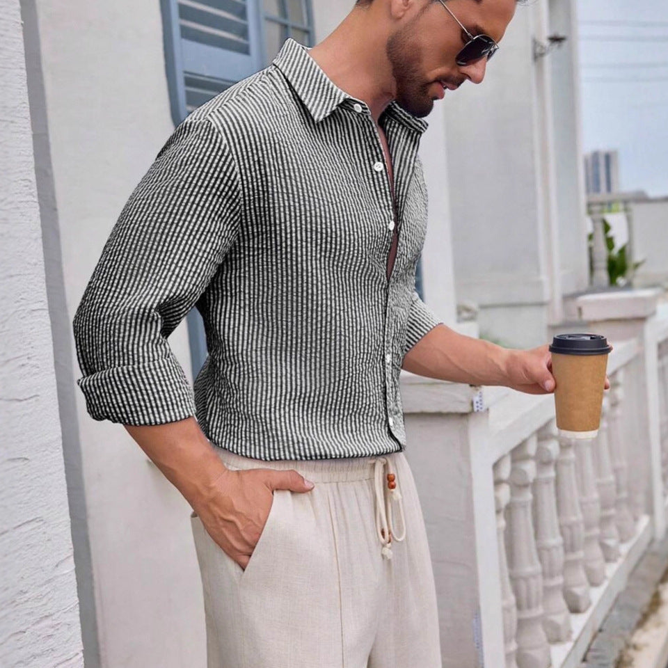Men's Spring Summer Lapel Striped Office Breathable Oversized Long Sleeve Workwear Casual Shirt