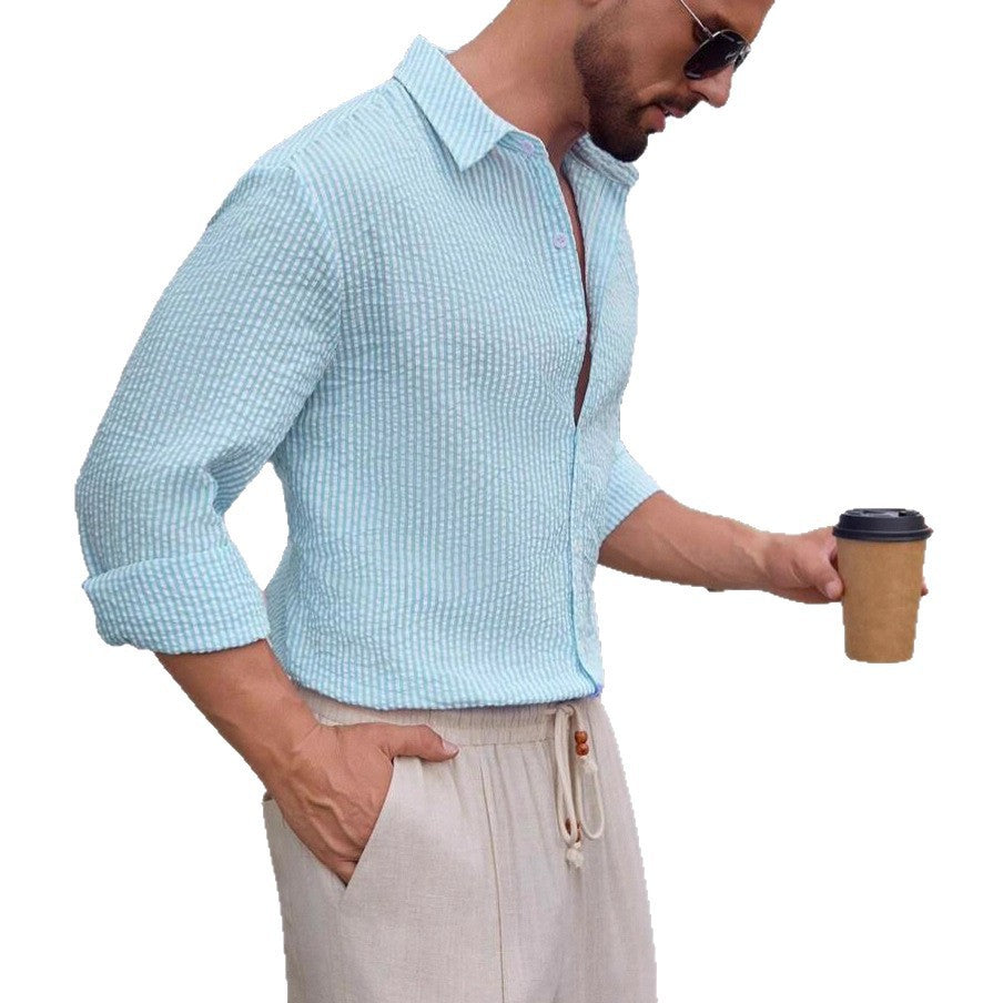 Men's Spring Summer Lapel Striped Office Breathable Oversized Long Sleeve Workwear Casual Shirt