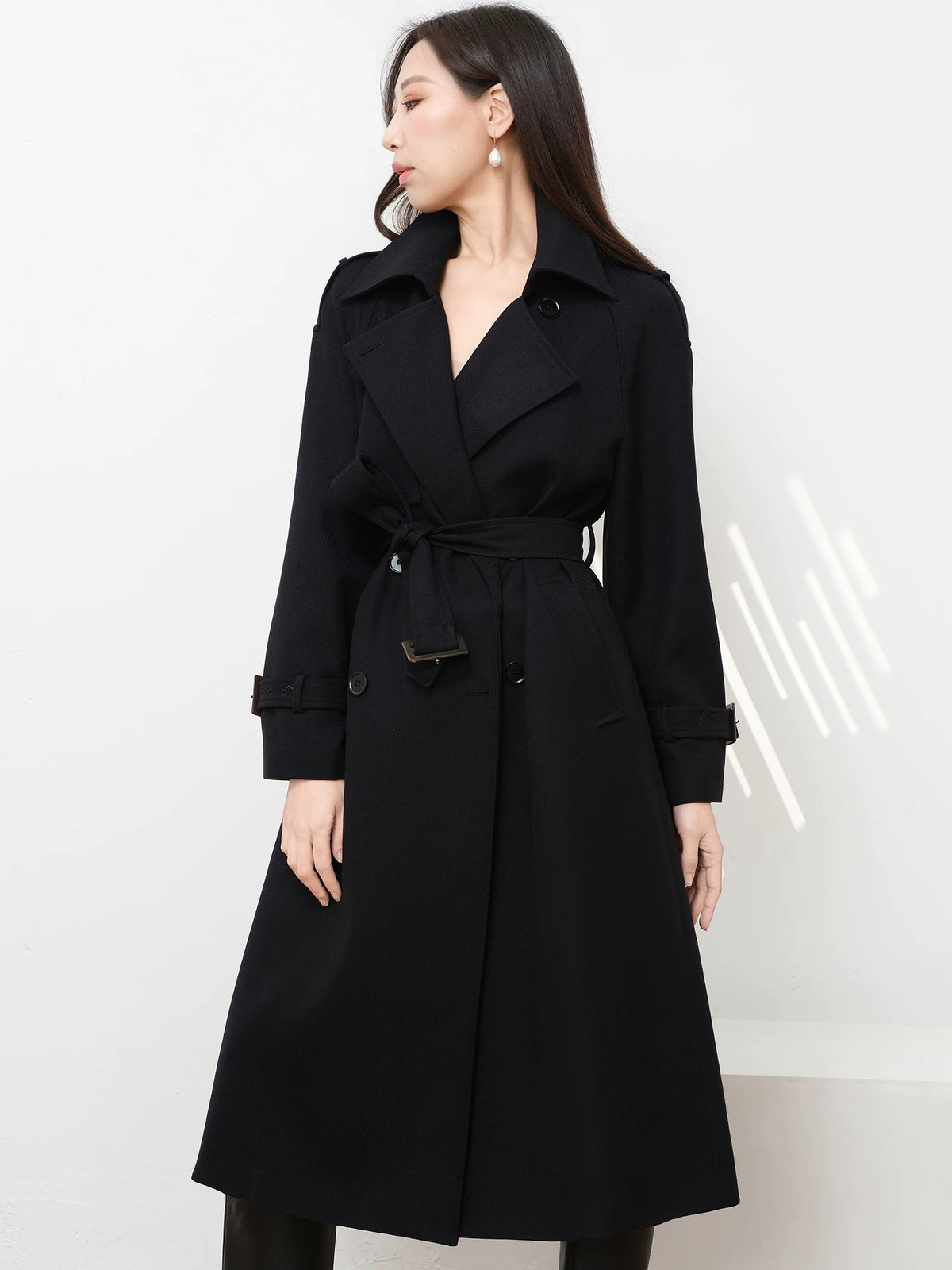 Women's Wool Fall Winter Longline Midi Quiet-Luxury Trench Coat Wrap Office Commute