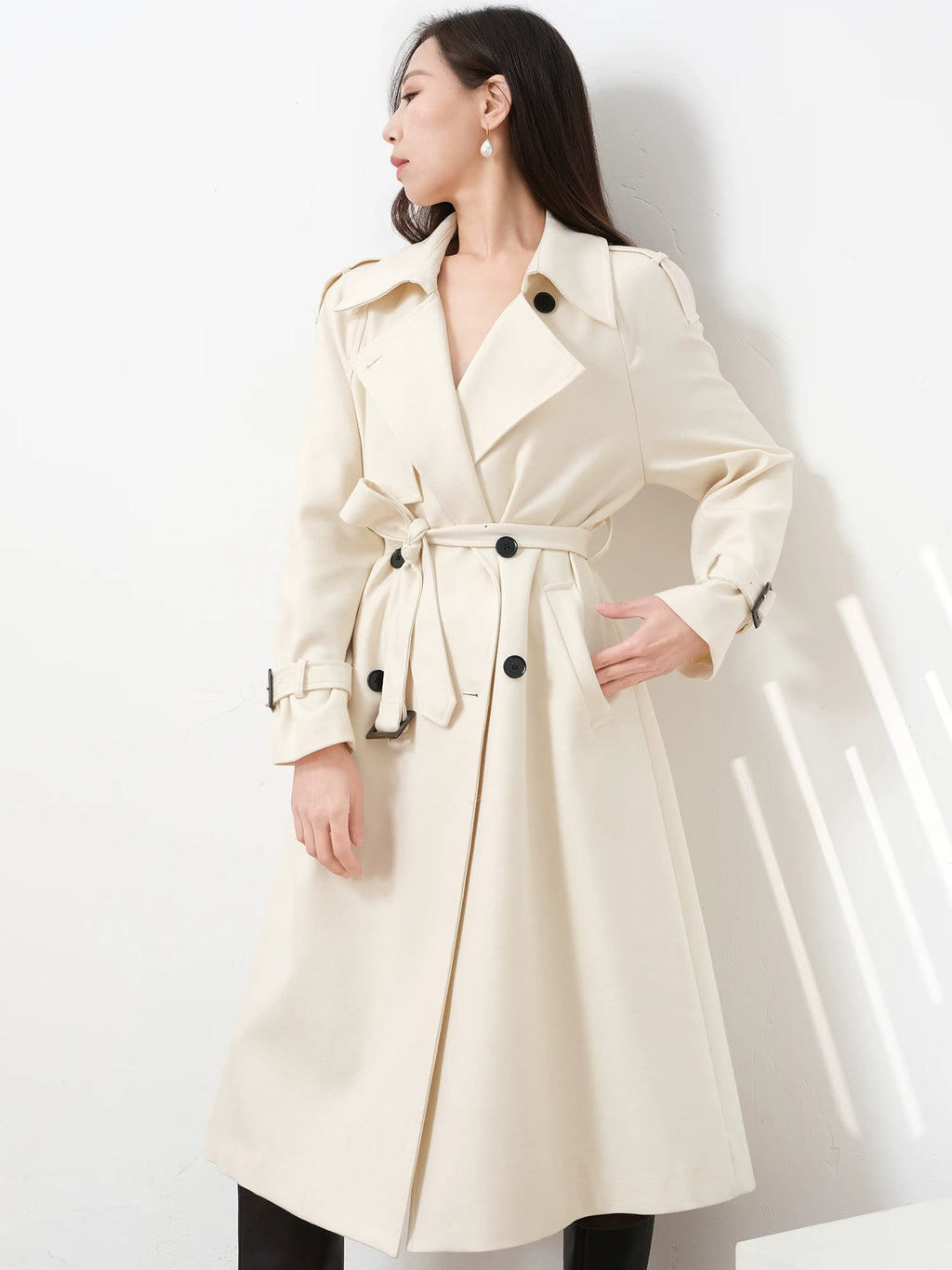 Women's Wool Fall Winter Longline Midi Quiet-Luxury Trench Coat Wrap Office Commute