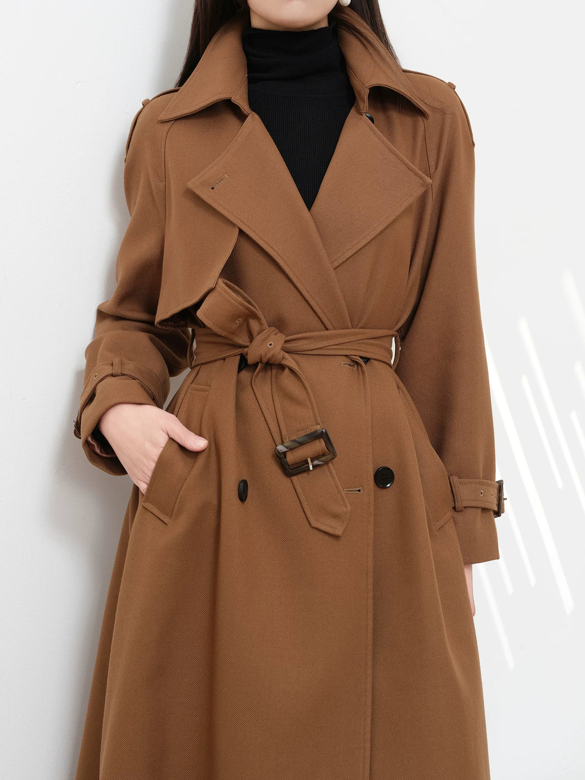 Women's Wool Fall Winter Longline Midi Quiet-Luxury Trench Coat Wrap Office Commute