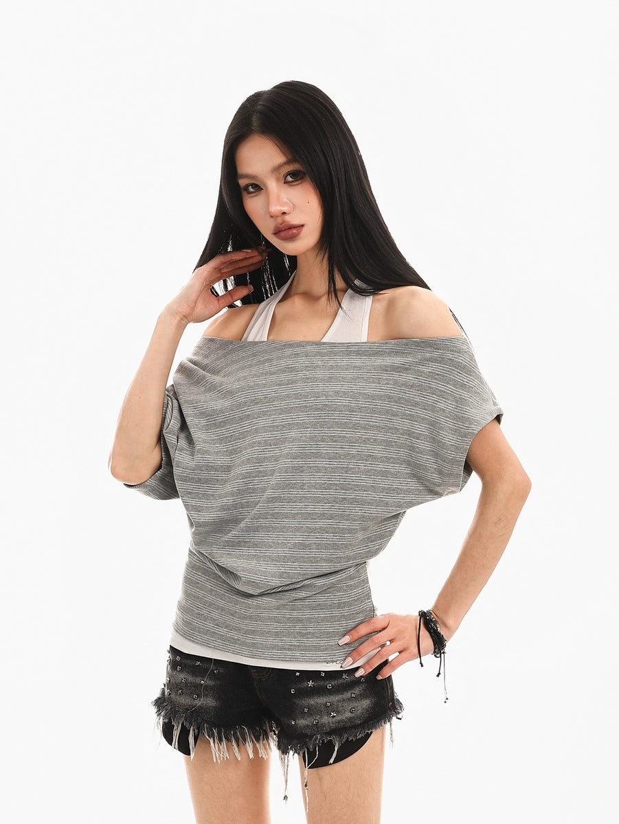 Women's Summer Slim-Fit Off-Shoulder Striped Cropped Retro Layered Hoodie Color-Block Sweatshirt for Casual Streetwear Fall Travel and Weekend Spring Summer
