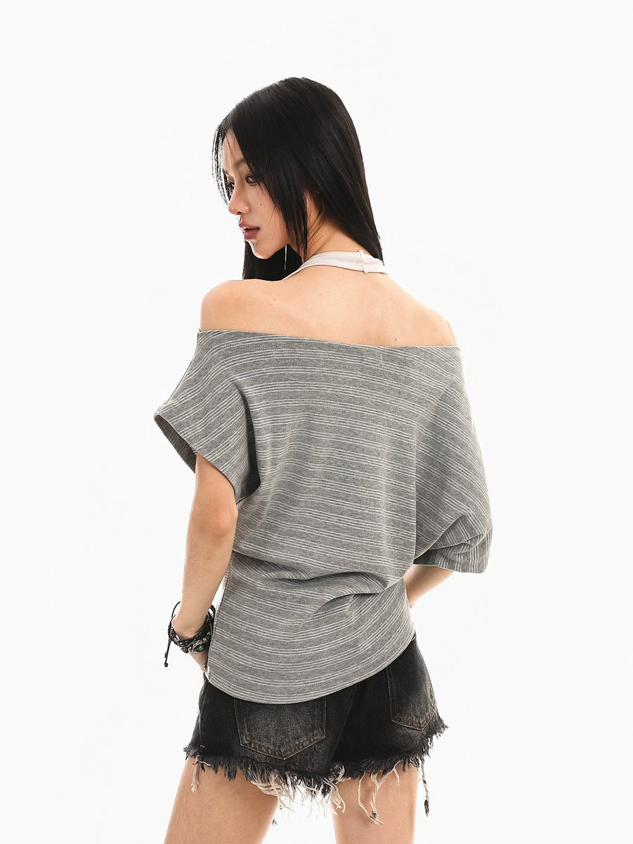Women's Summer Slim-Fit Off-Shoulder Striped Cropped Retro Layered Hoodie Color-Block Sweatshirt for Casual Streetwear Fall Travel and Weekend Spring Summer