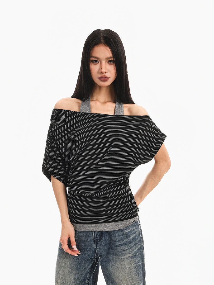 Women's Summer Slim-Fit Off-Shoulder Striped Cropped Retro Layered Hoodie Color-Block Sweatshirt for Casual Streetwear Fall Travel and Weekend Spring Summer