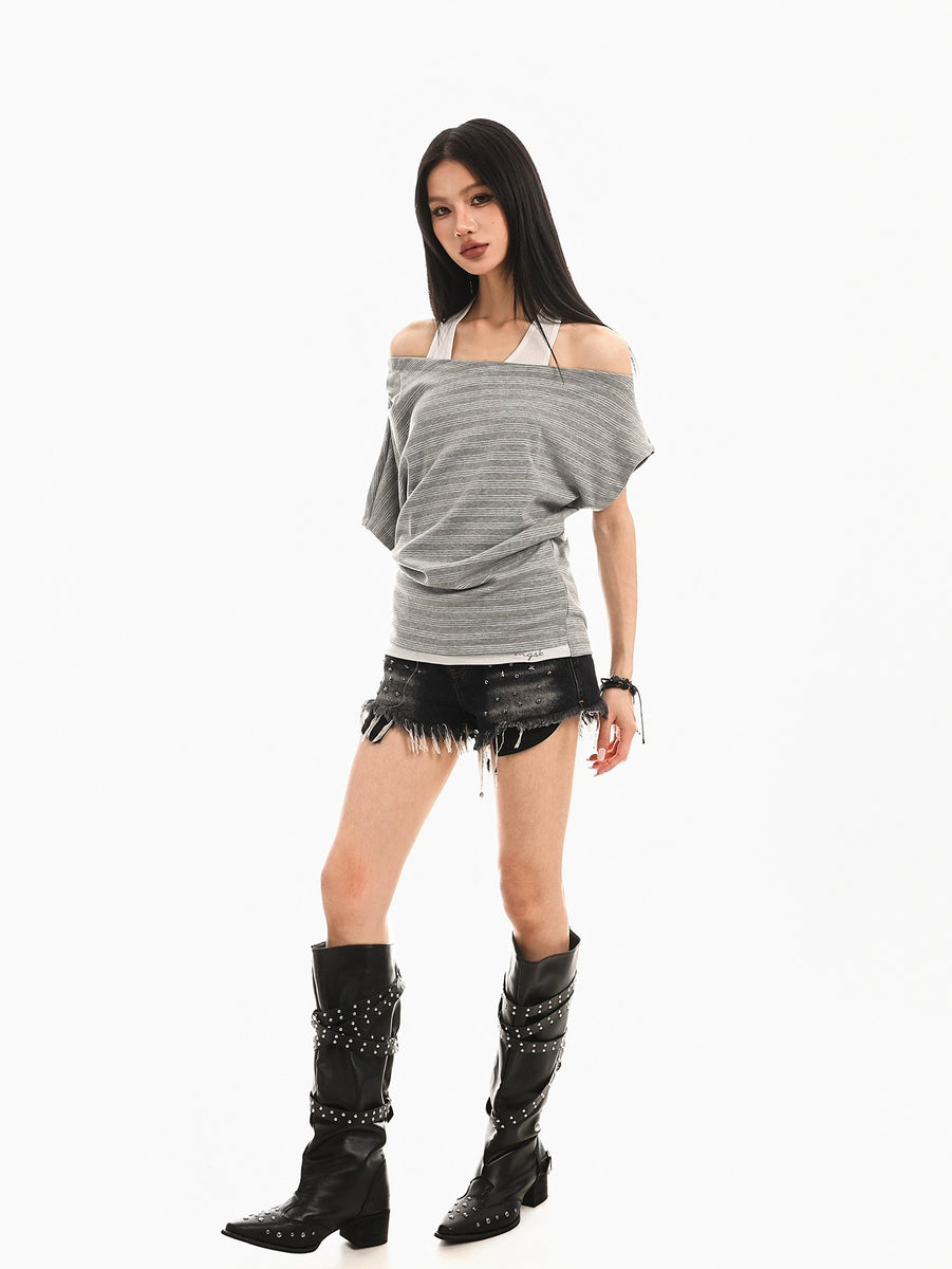 Women's Summer Slim-Fit Off-Shoulder Striped Cropped Retro Layered Hoodie Color-Block Sweatshirt for Casual Streetwear Fall Travel and Weekend Spring Summer