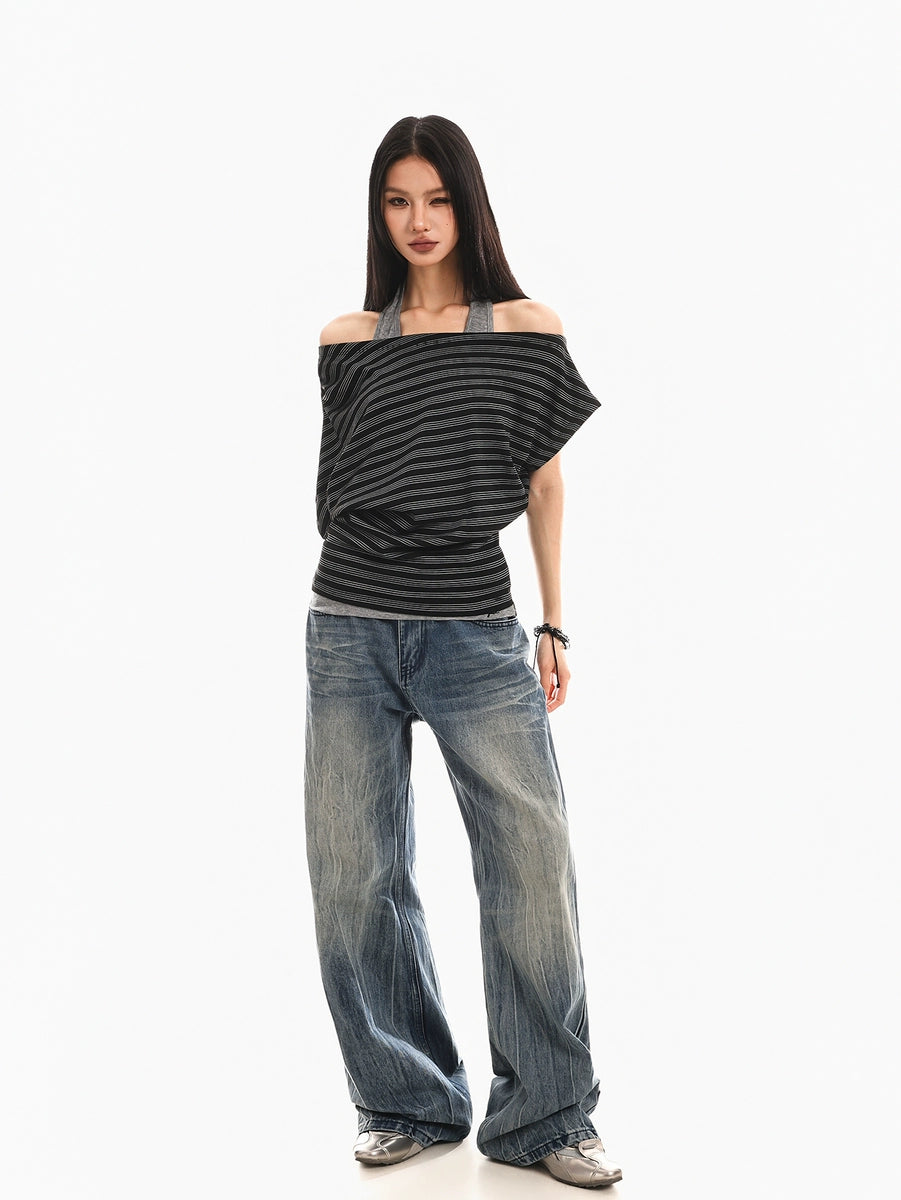 Women's Summer Slim-Fit Off-Shoulder Striped Cropped Retro Layered Hoodie Color-Block Sweatshirt for Casual Streetwear Fall Travel and Weekend Spring Summer