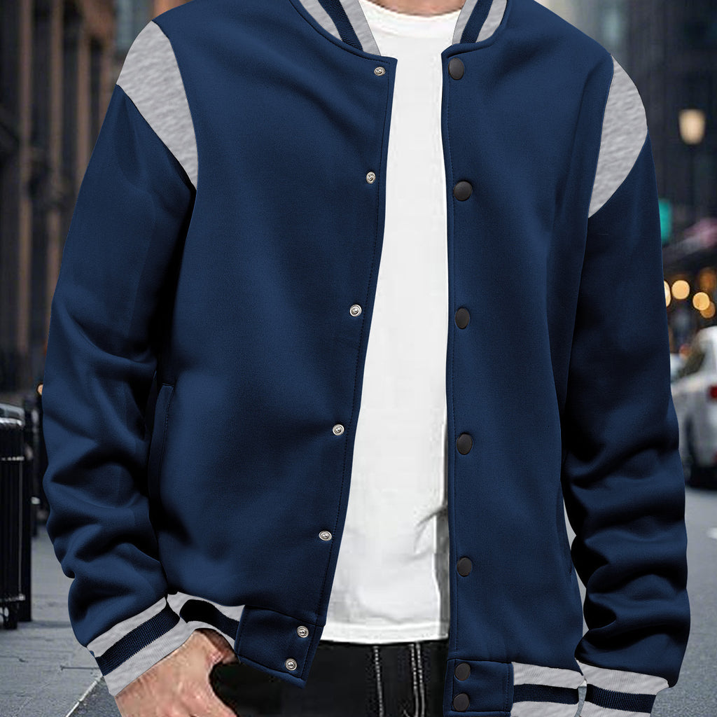 Men's Fall Winter Mandarin Collar Color-Block Casual Bomber Jacket Outerwear Travel