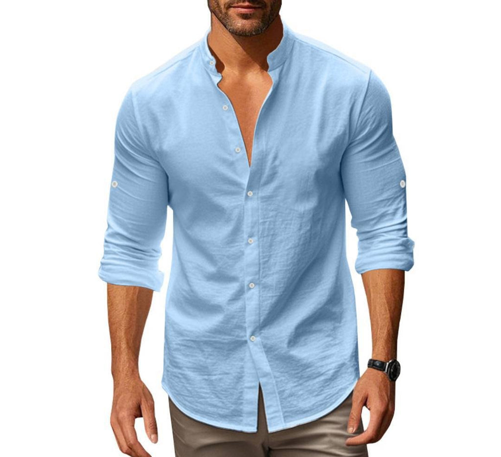 Men's Summer Cotton-Linen Mandarin Collar Breathable Long Sleeve Casual Shirt Button