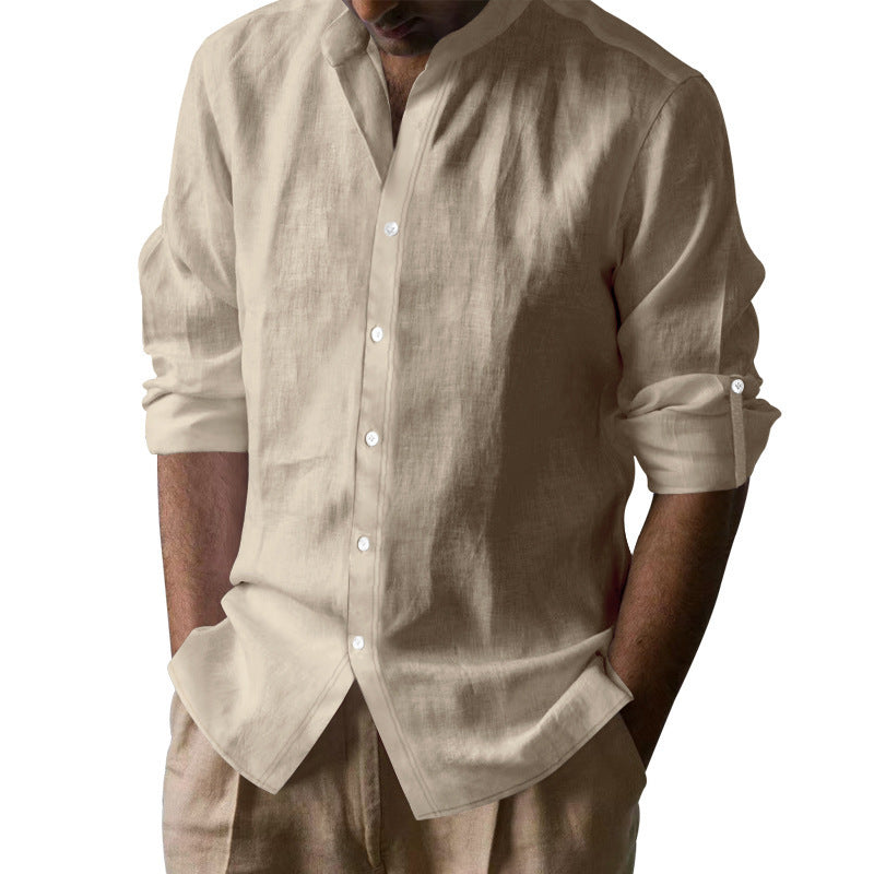 Men's Summer Cotton-Linen Mandarin Collar Breathable Long Sleeve Casual Shirt Button