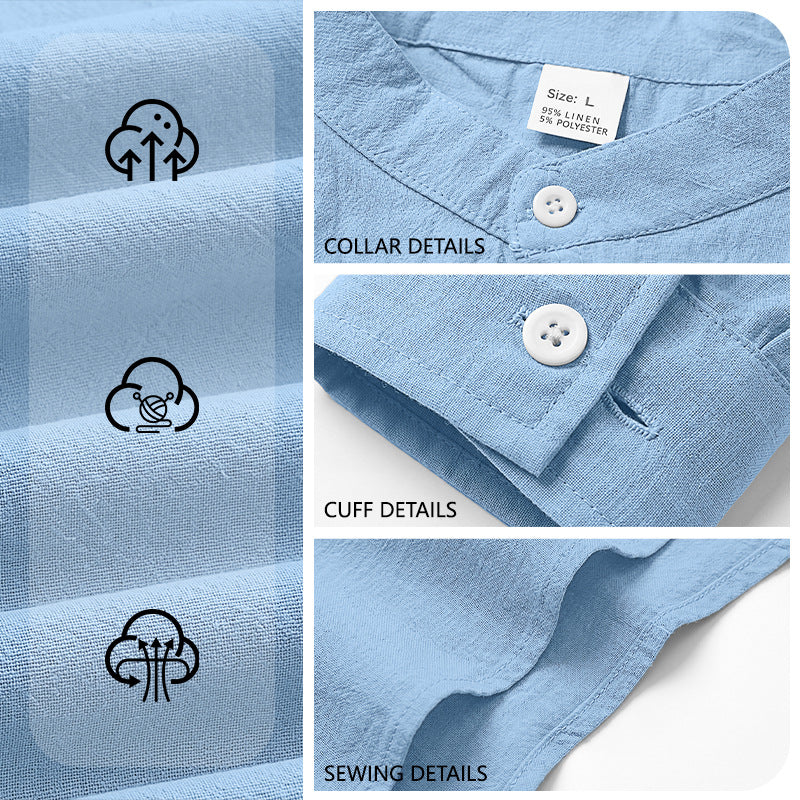 Men's Summer Cotton-Linen Mandarin Collar Breathable Long Sleeve Casual Shirt Button