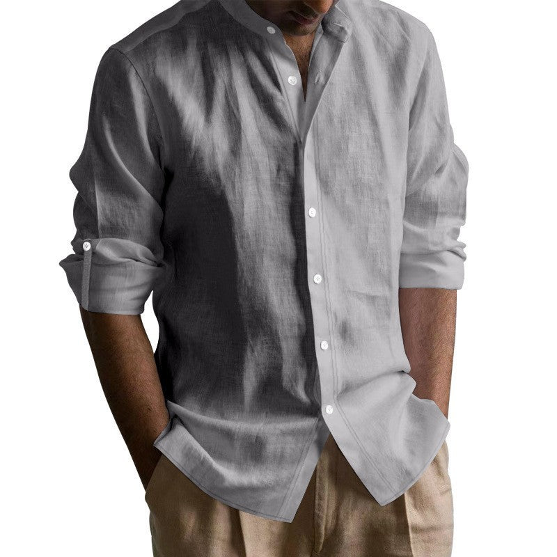 Men's Summer Cotton-Linen Mandarin Collar Breathable Long Sleeve Casual Shirt Button