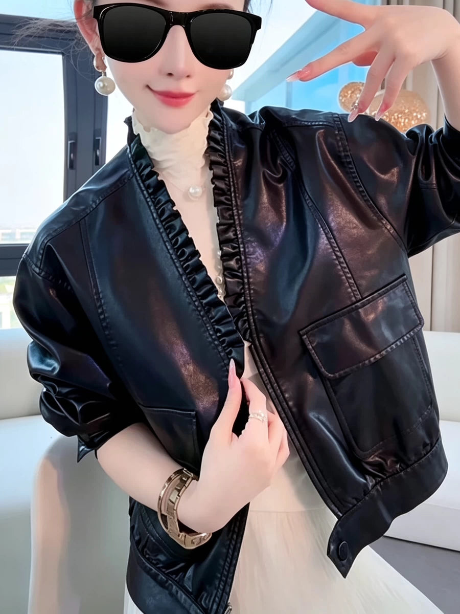 Women's V-Neck Fall Winter Leather Cropped Zip Evening Jacket Casual Coat for Cold Weather Travel Outdoor Holiday Date Night
