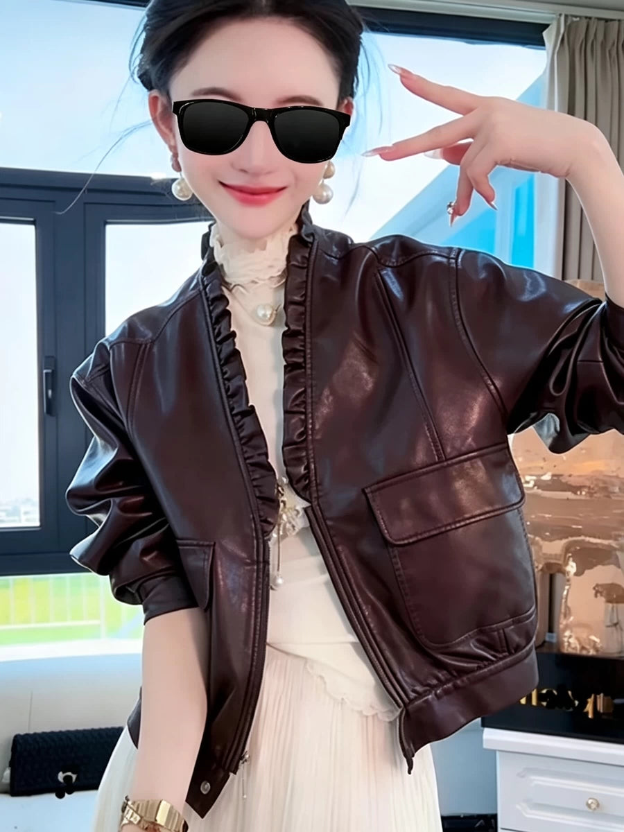 Women's V-Neck Fall Winter Leather Cropped Zip Evening Jacket Casual Coat for Cold Weather Travel Outdoor Holiday Date Night