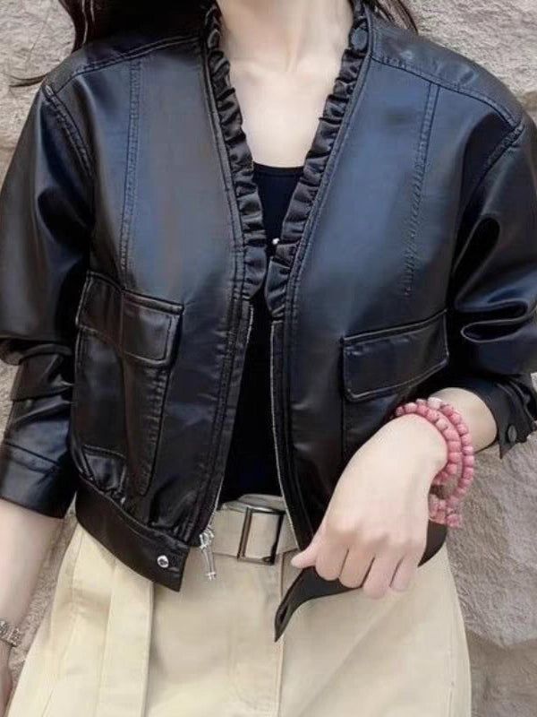 Women's V-Neck Fall Winter Leather Cropped Zip Evening Jacket Casual Coat for Cold Weather Travel Outdoor Holiday Date Night