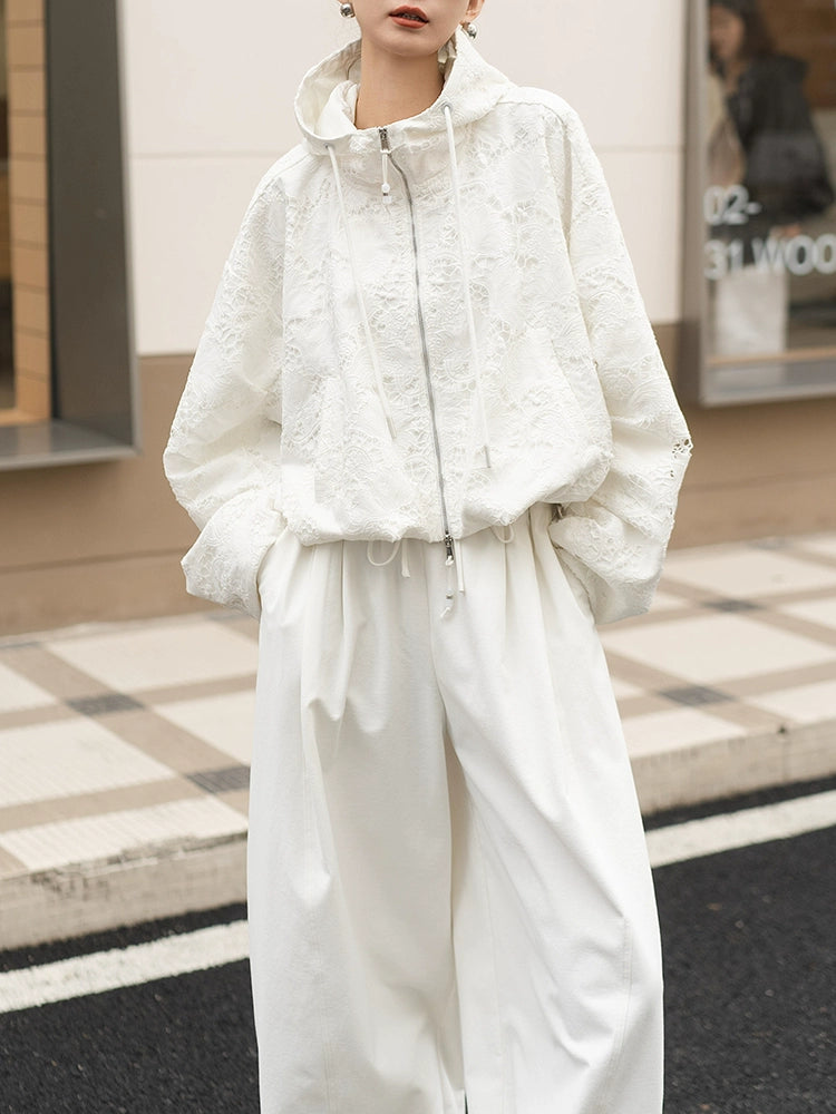 Women's White Workwear Hooded Zip Two-Piece Set for Wedding Guest Office Business Casual Travel Weekend At Home