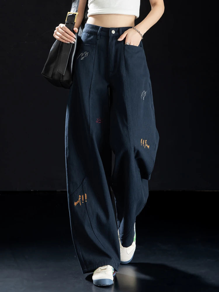 Women's Embroidered Oversized Wide-Leg Jeans for Casual Outfits Everyday Office Weekend Date Night