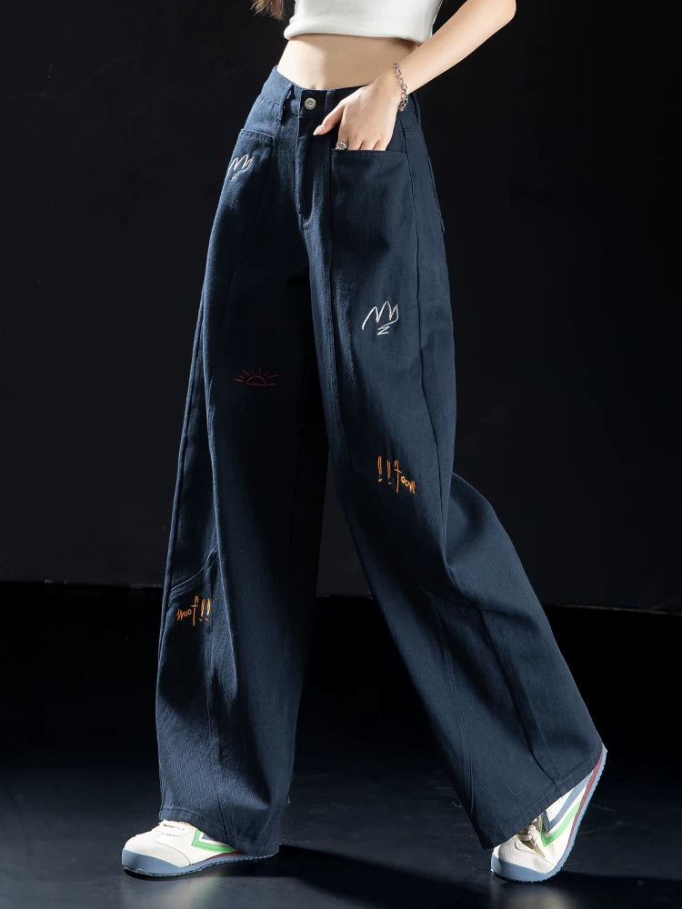 Women's Embroidered Oversized Wide-Leg Jeans for Casual Outfits Everyday Office Weekend Date Night