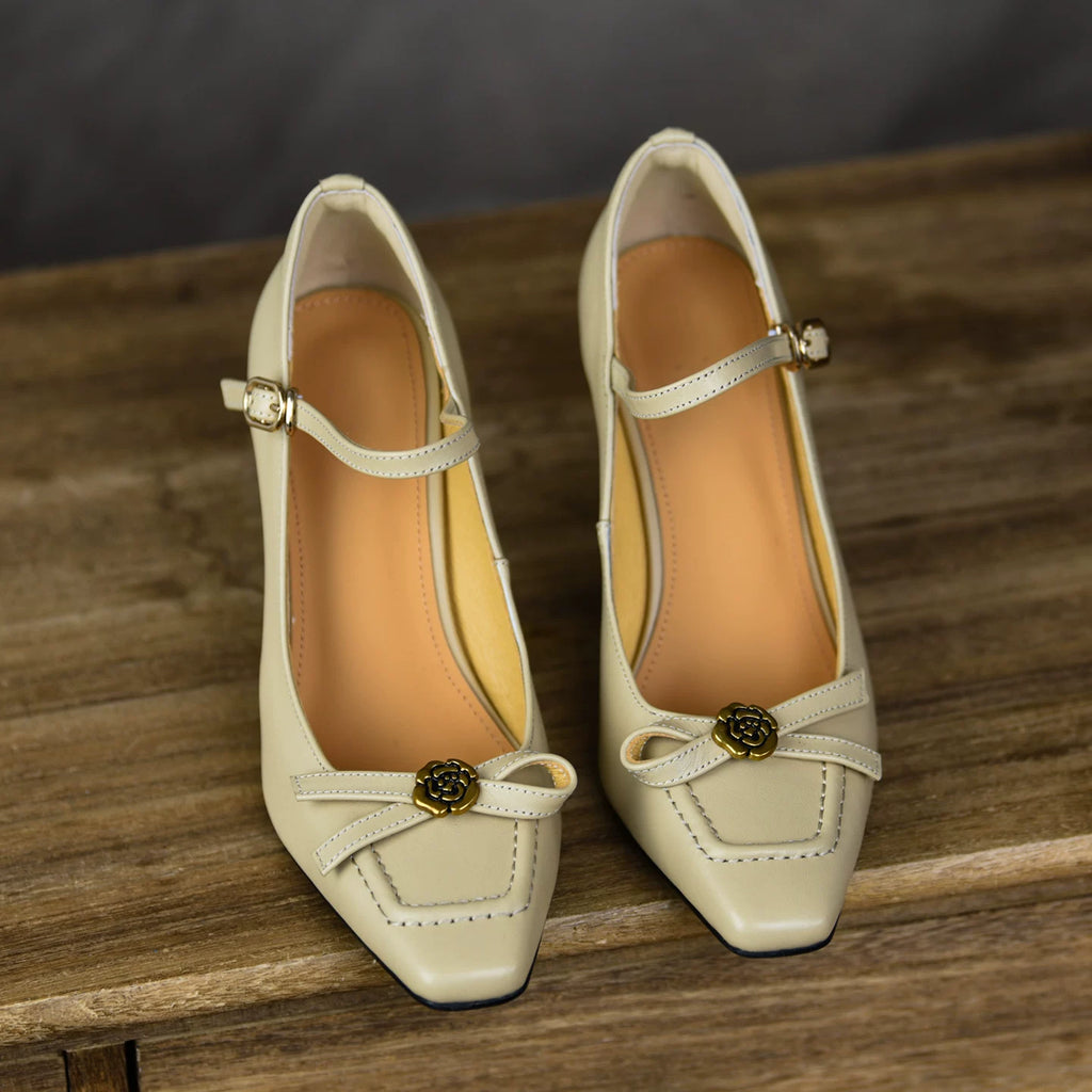 Women's Square Toe Stiletto High Heel Flat Strap French-Inspired Pumps Closed-Toe Dress Heels Wedding Guest Cocktail Party