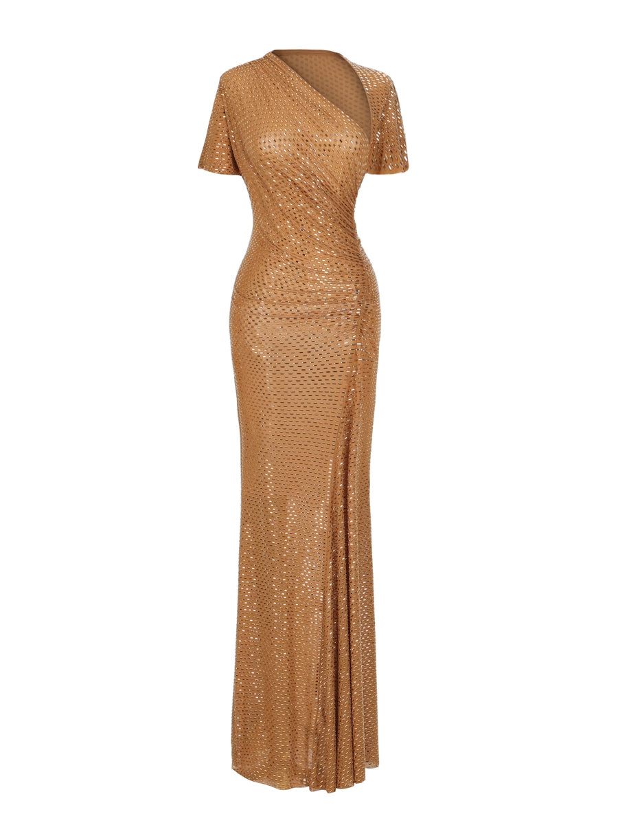 Women's Glitter Slim-Waist Bodycon Maxi French-Inspired Retro Evening Dress Formal Midi Dress for Black Tie Wedding Guest Cocktail Party Prom Date Night