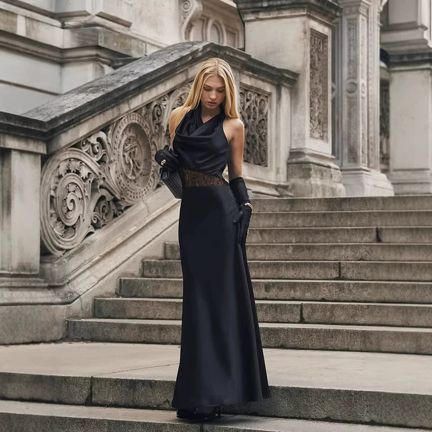 Black Lace Splice Backless Cowl Neck Dress, Sleeveless Elegant Summer Evening Dress for Women