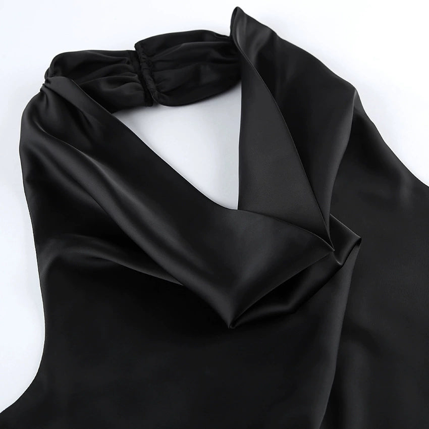 Black Lace Splice Backless Cowl Neck Dress, Sleeveless Elegant Summer Evening Dress for Women