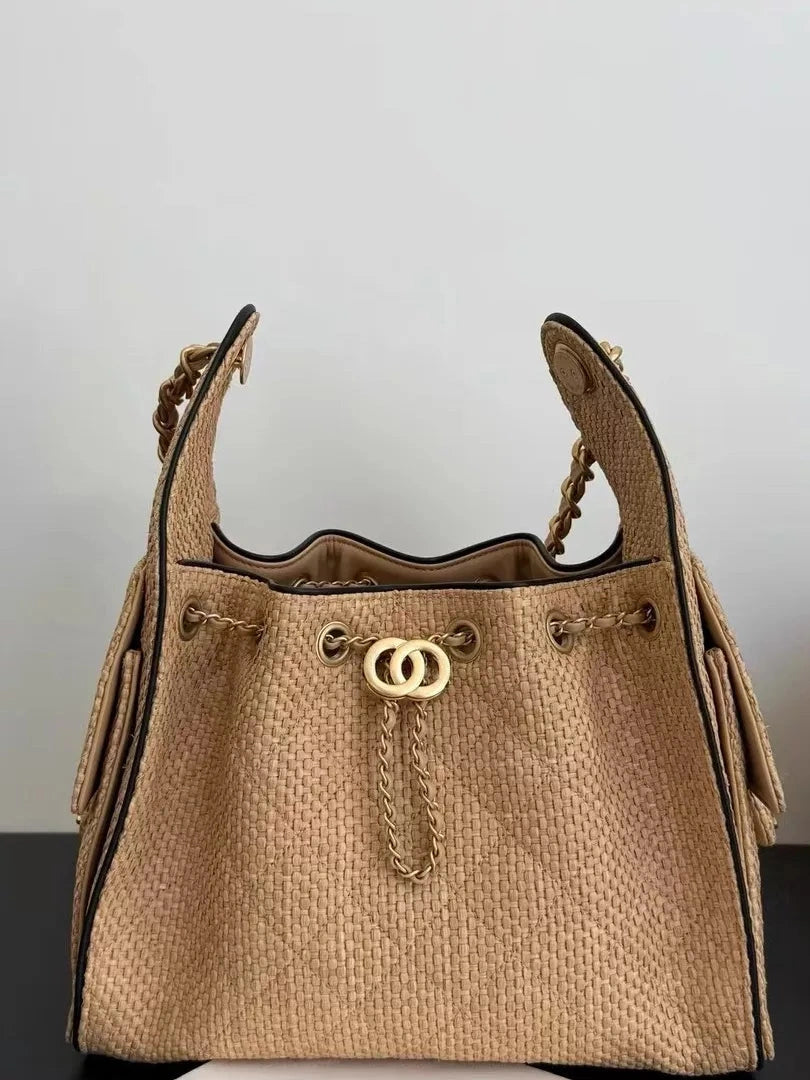 Women's Bamboo-woven Bucket Bag Drawstring Shoulder Purse Work Travel Everyday Purse Everyday Fashion Style for Women