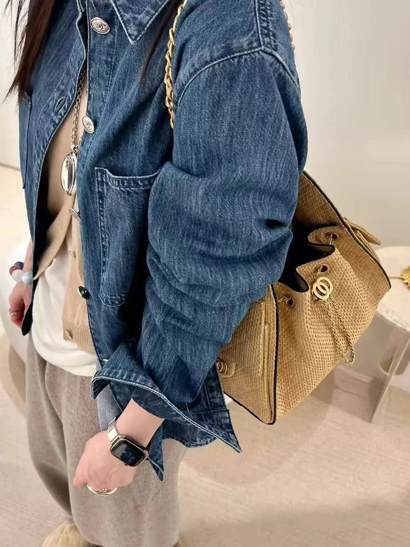 Women's Bamboo-woven Bucket Bag Drawstring Shoulder Purse Work Travel Everyday Purse Everyday Fashion Style for Women
