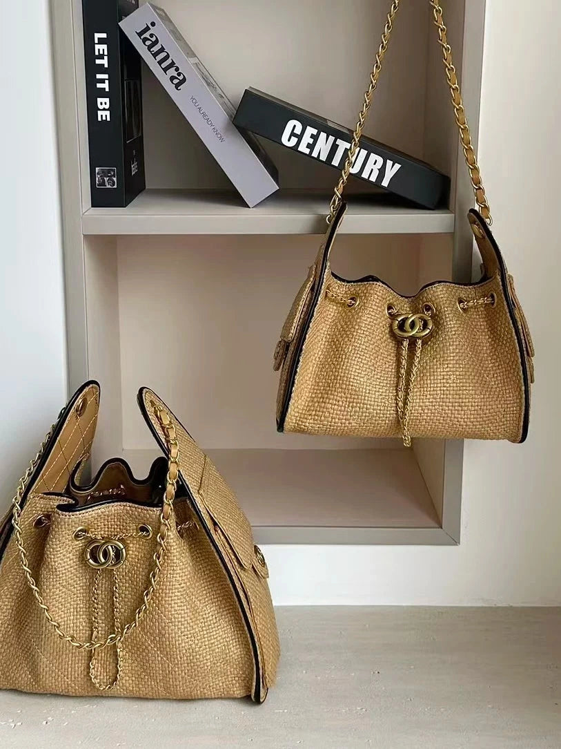 Women's Bamboo-woven Bucket Bag Drawstring Shoulder Purse Work Travel Everyday Purse Everyday Fashion Style for Women