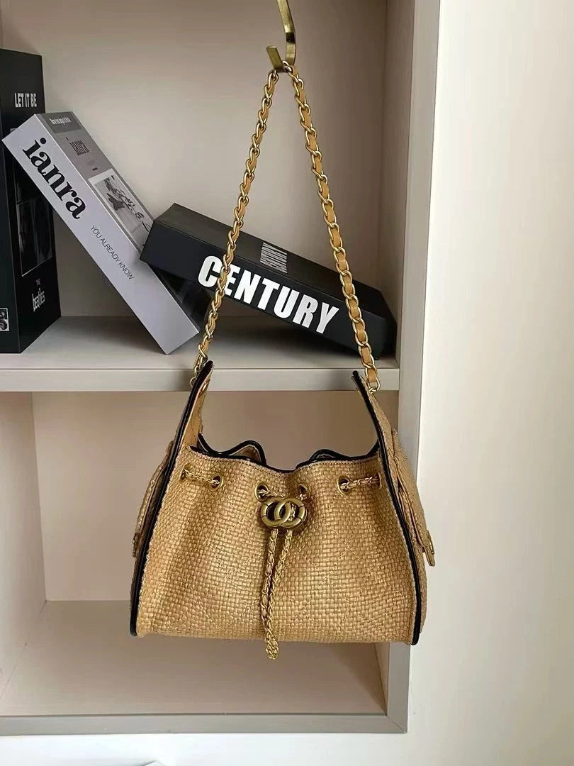 Women's Bamboo-woven Bucket Bag Drawstring Shoulder Purse Work Travel Everyday Purse Everyday Fashion Style for Women