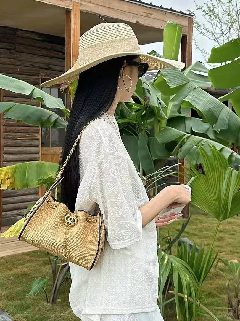 Women's Bamboo-woven Bucket Bag Drawstring Shoulder Purse Work Travel Everyday Purse Everyday Fashion Style for Women