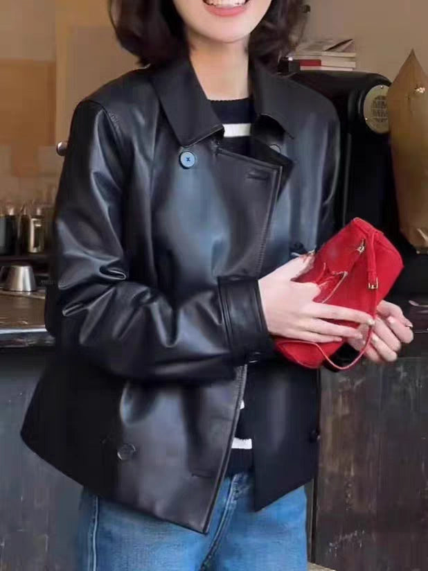 Women's Lapel Double-Breasted Office Leather Cropped Evening Jacket Casual Coat for Cold Weather Fall Travel Outdoor Holiday
