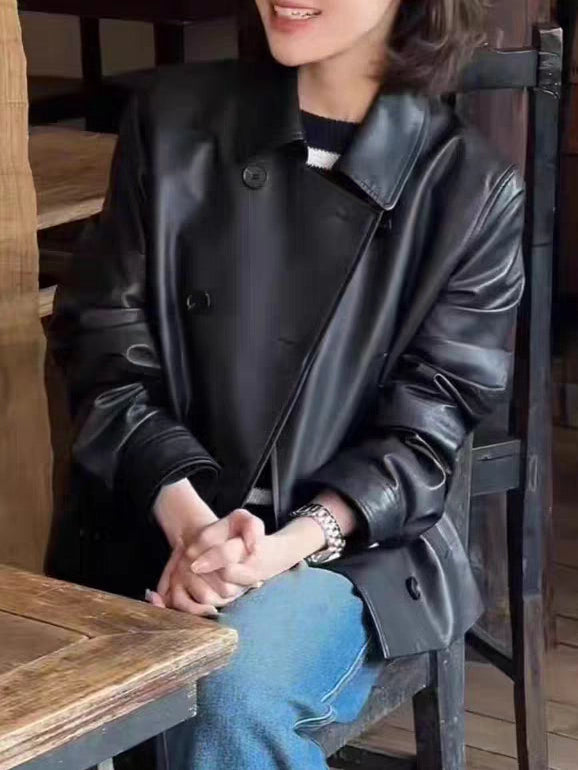Women's Lapel Double-Breasted Office Leather Cropped Evening Jacket Casual Coat for Cold Weather Fall Travel Outdoor Holiday