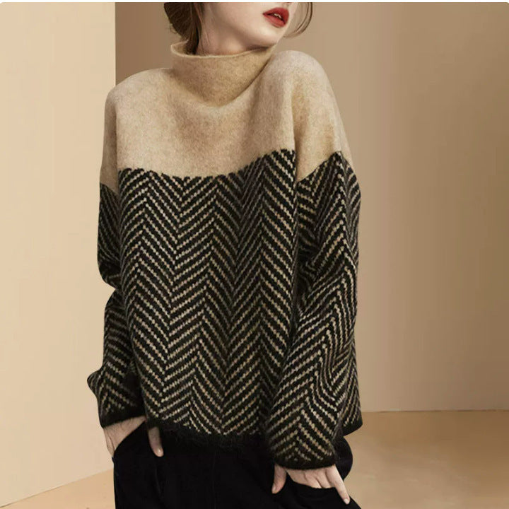 Women's Mock Neck Fall Winter Thickened Fleece-lined Sweater Knit Pullover Top Office