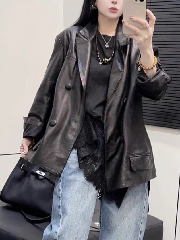 Women's Lapel Double-Breasted Office Leather Oversized Workwear Jacket Casual Coat for Cold Weather Fall Travel Outdoor Holiday