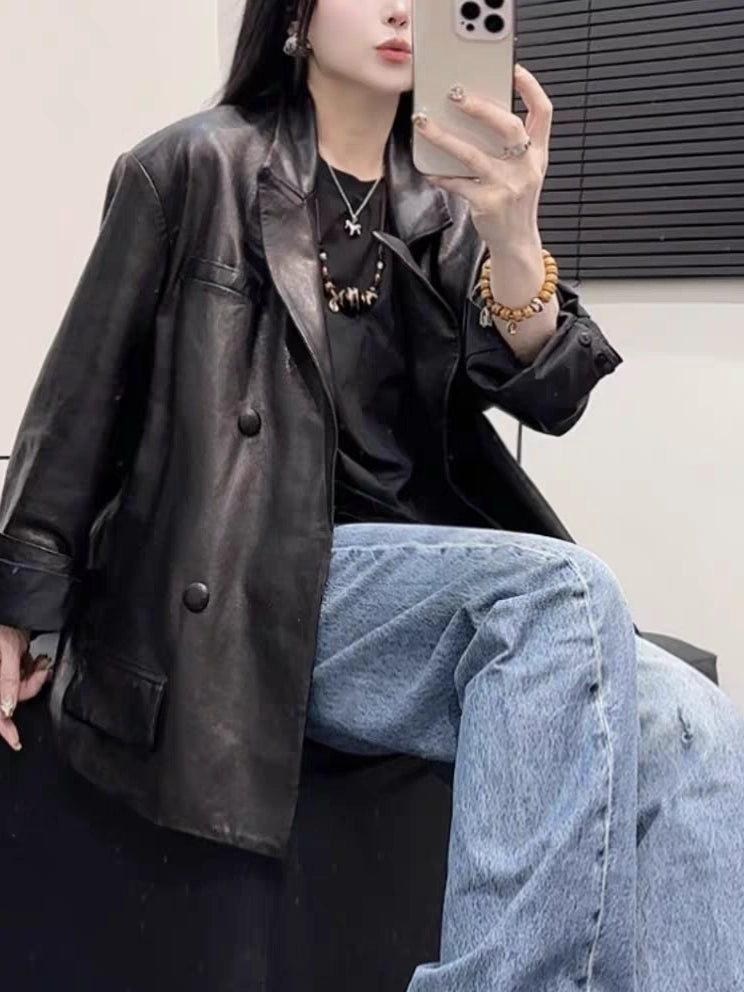 Women's Lapel Double-Breasted Office Leather Oversized Workwear Jacket Casual Coat for Cold Weather Fall Travel Outdoor Holiday