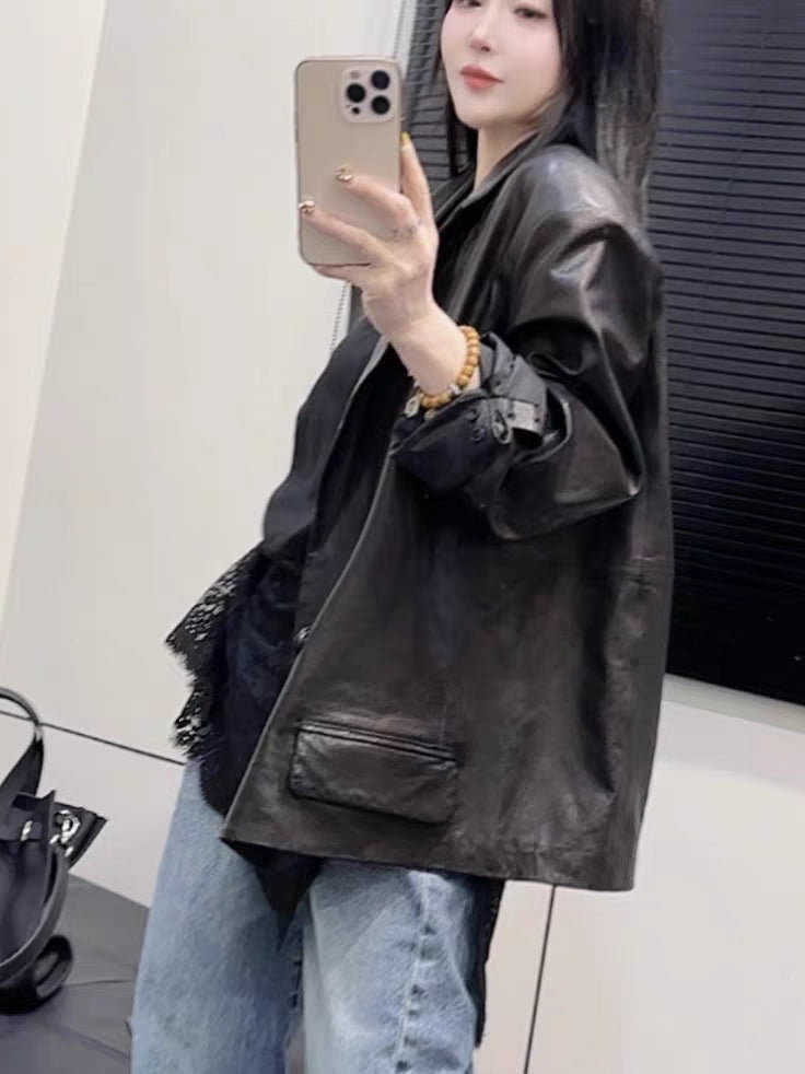 Women's Lapel Double-Breasted Office Leather Oversized Workwear Jacket Casual Coat for Cold Weather Fall Travel Outdoor Holiday
