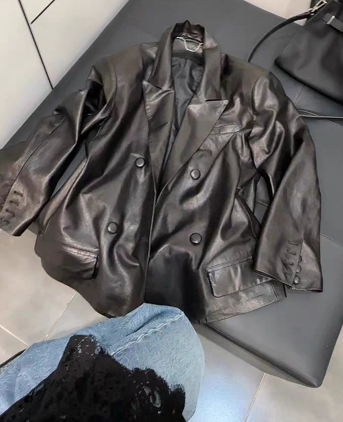 Women's Lapel Double-Breasted Office Leather Oversized Workwear Jacket Casual Coat for Cold Weather Fall Travel Outdoor Holiday