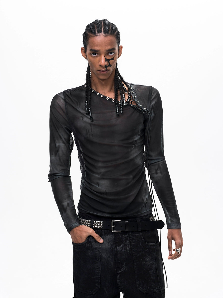 Men's Subculture Clear Slim-Fit Breathable Mesh Long Sleeve Top Fashion Blouse Shirt for Office Outfits Business Casual Streetwear