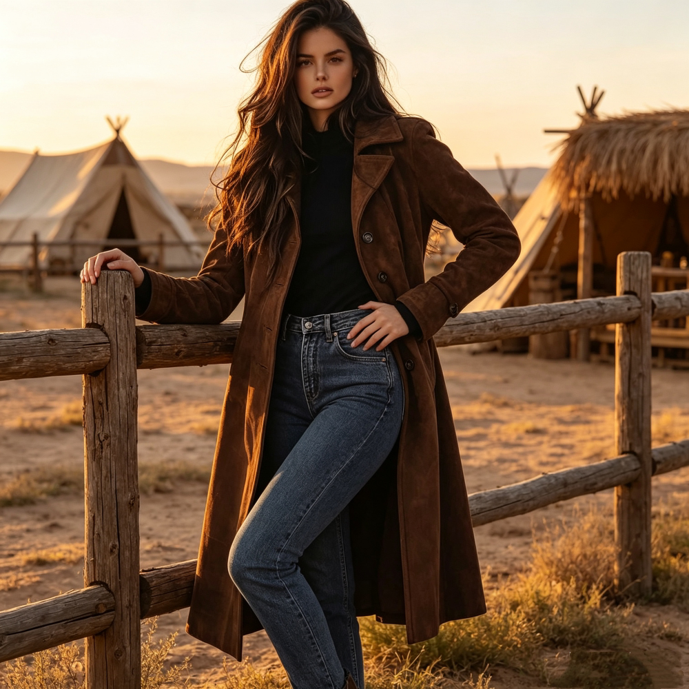 Women's Suede-look Lapel Trench Coat Long Wrap Coat Fall Winter Coat Office Workwear Outfit for Women