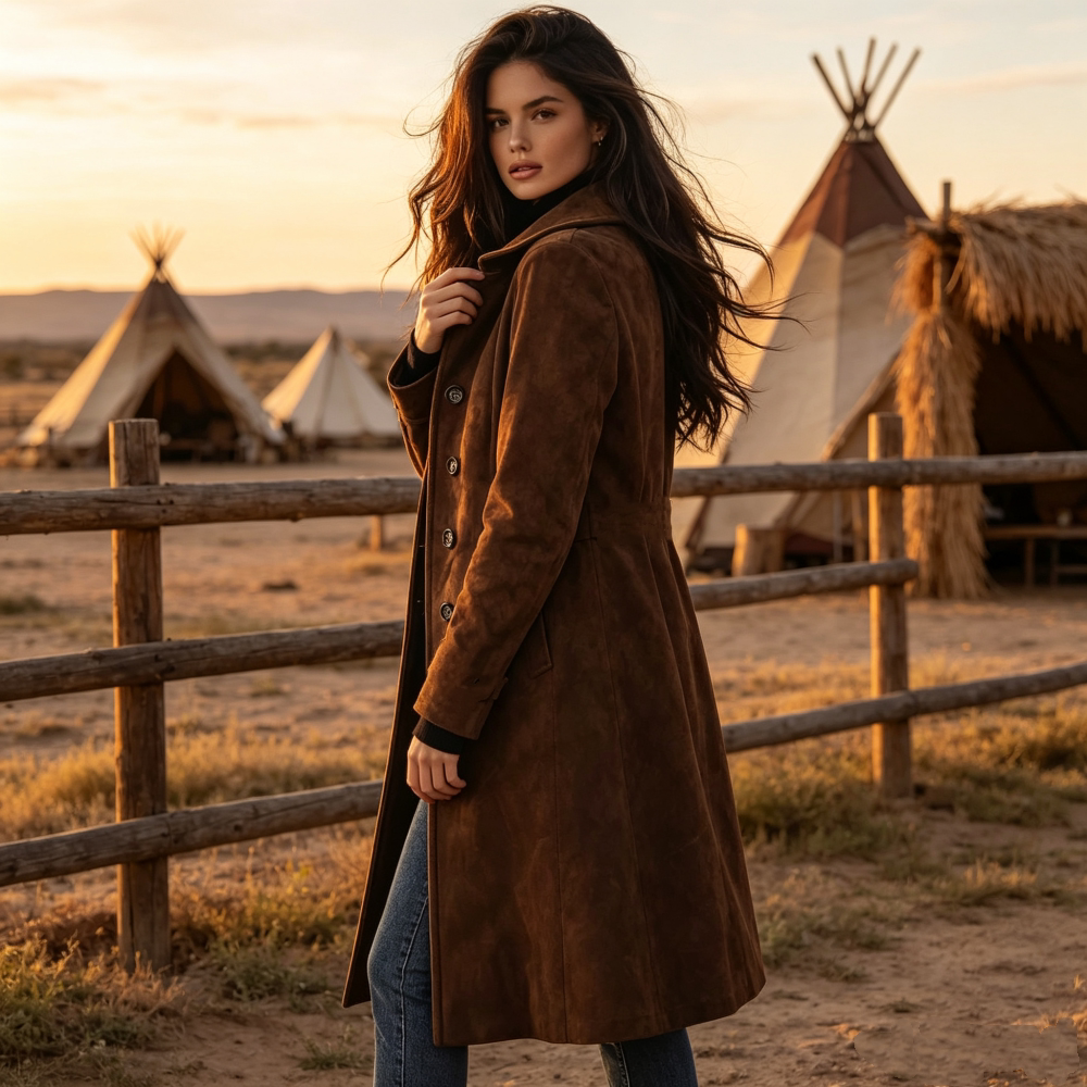 Women's Suede-look Lapel Trench Coat Long Wrap Coat Fall Winter Coat Office Workwear Outfit for Women